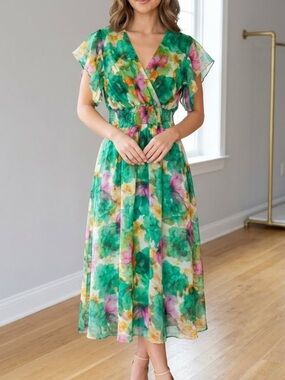 *NEW* LE RAGAZZE Silk Blend Floral Flutter Sleeve Maxi Dress Medium NWT